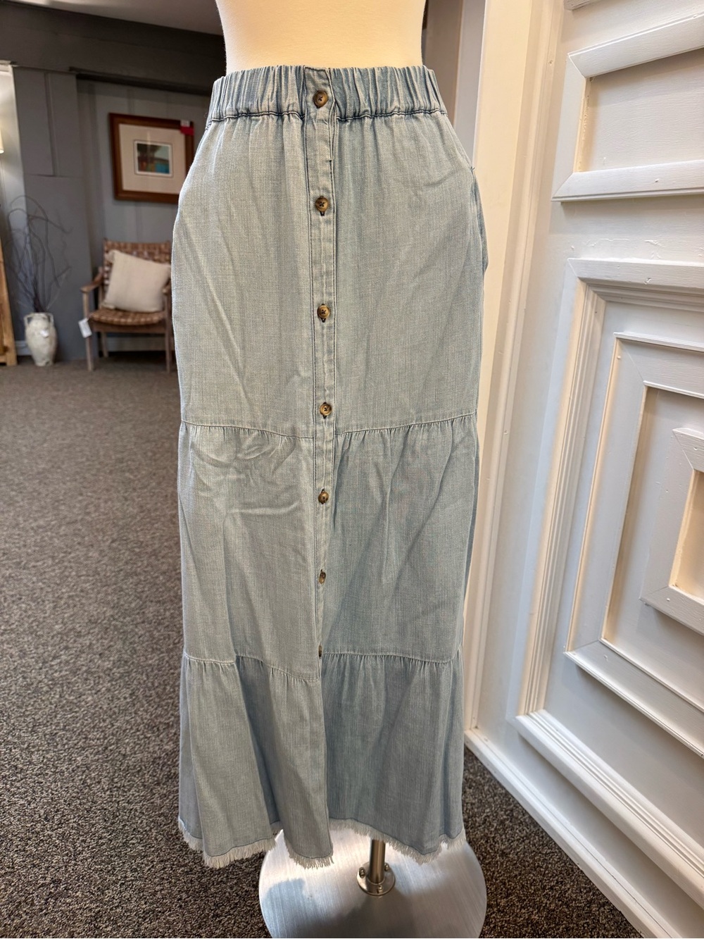 Billy T Light Blue Button-Front Tiered Maxi Skirt